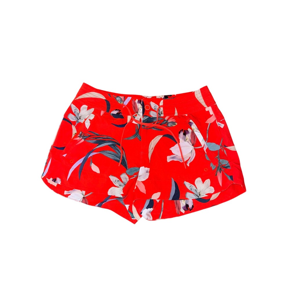 Athleta Hudson Red Floral Orchid Athletic Shorts Size 6 Drawstring Pockets